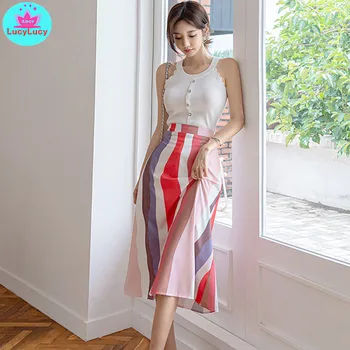 

2019 summer new ladies temperament knit top + color strip waist skirt two-piece suit Knee-Length O-Neck
