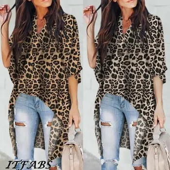 

Hot Plus Size Leopard Print Blouse Women V Neck Long Sleeve Irregular Loose Shirt OL Tops Fashion Blouses