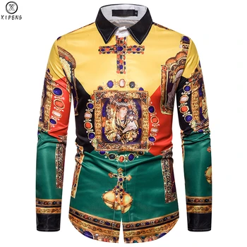 

Luxury Royal Mens Shirts Casual Slim Fit Cross Gemstone Printed Long Sleeve Slim Fit Chemise Homme Men Prom Party Tuxedo Shirt