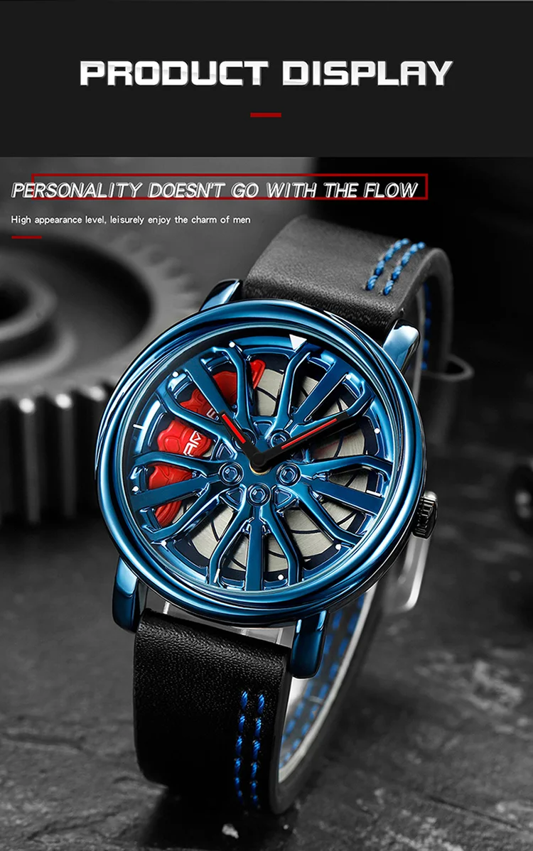 Hot Sell Fashion Men Quartz WristWatch Creative 360 Degree Rotating Car Wheel Quartz Watch Leather Waterproof Rim Hub Clock Men