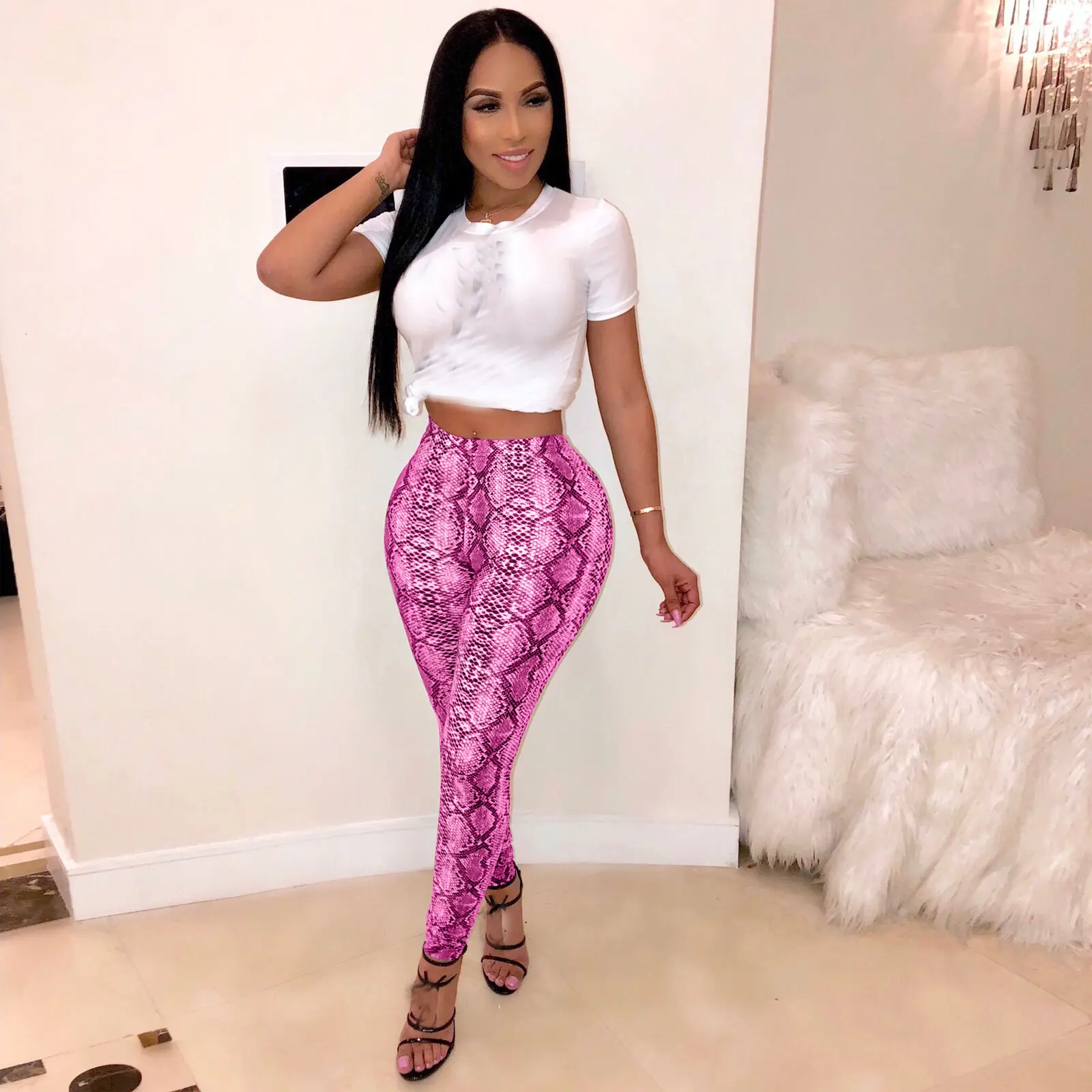 Sexy Ladies Womens Mesh Leggings Snake Skin Print Summer Bandage High Waist Fitness Stretch Leggings Pants Slim Fit Trousers - Цвет: Розово-красный