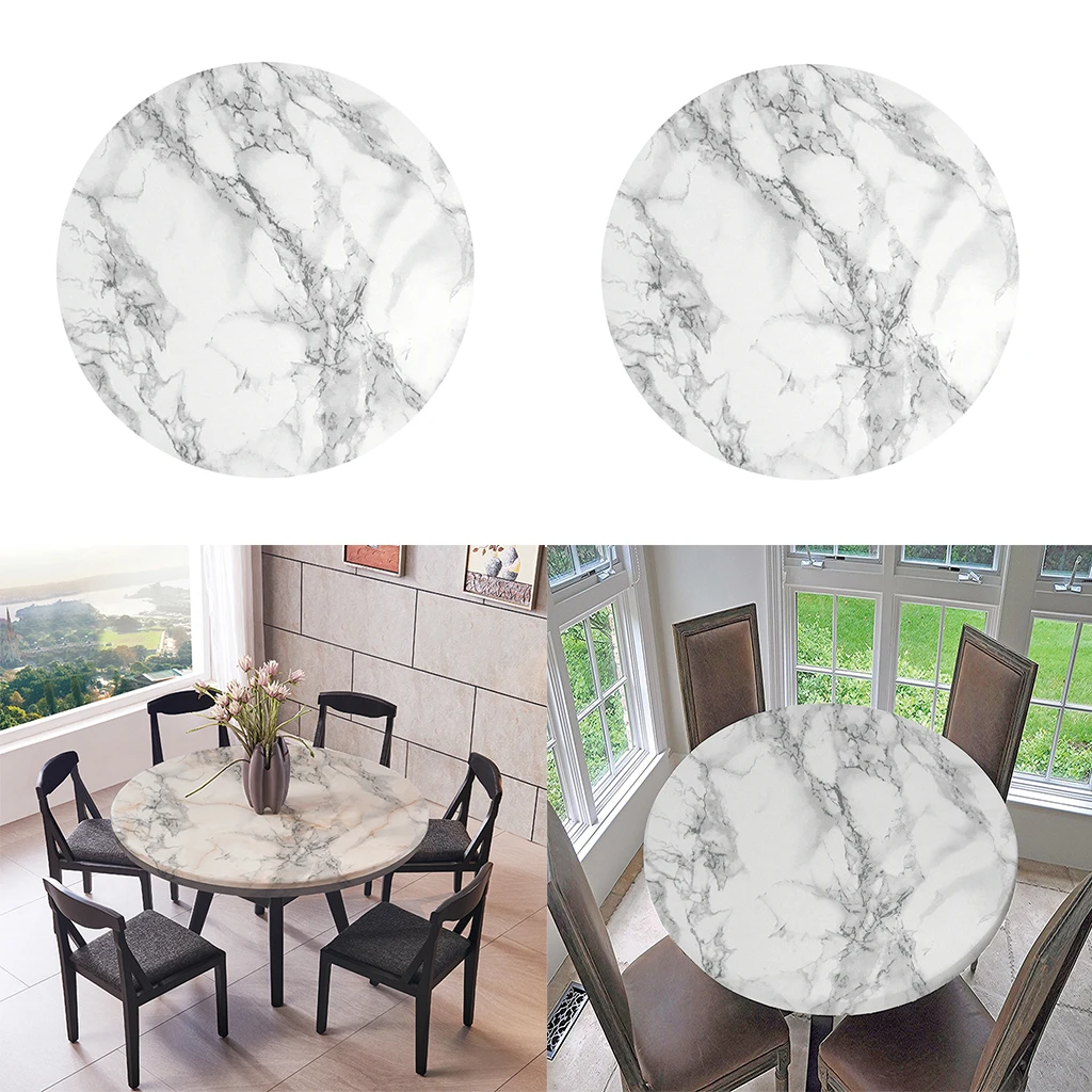 2-Pack Table Cloth Large Round Elastic Edge Fitted Vinyl Waterproof Table Cover - 47 Inches Diameter - Black Marble Pattern