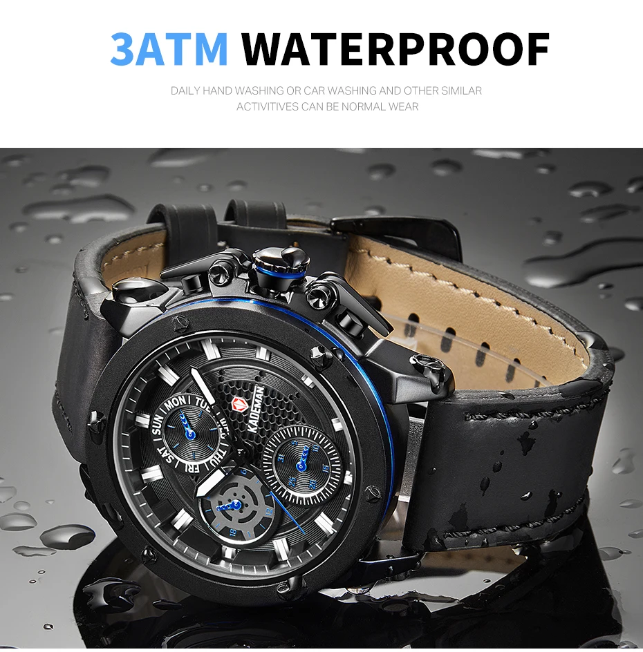 KADEMAN Мужские Бизнес кварцевые наручные часы с 6 стрелками с функцией кожаного ремешка Топ люксовый бренд водонепроницаемые часы Relogio Masculino 116-2