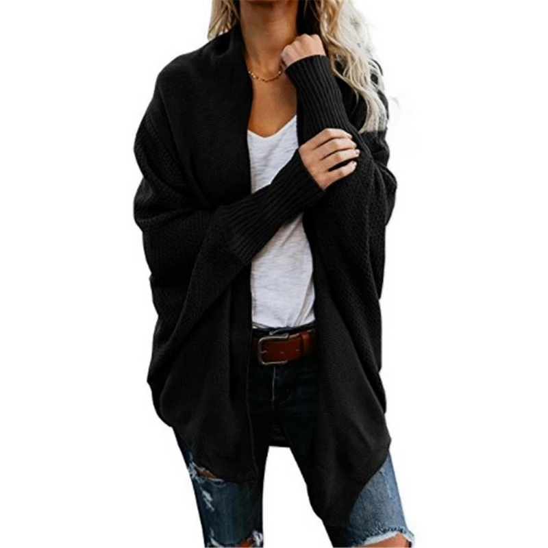 Теплый кардиган-пальто, свитер большого размера, модное женское пальто с длинными рукавами, Женский вязаный свитер, женский кардиган с рукавами «летучая мышь», Femme - Цвет: Black