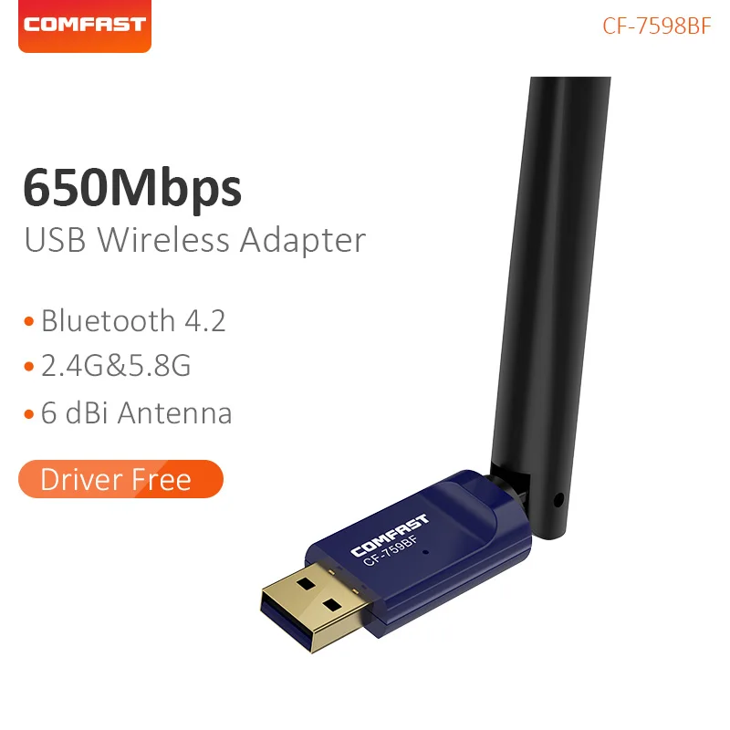 Comfast USB2.0 высокая мощность 650 Мбит/с Wifi адаптер Bluetooth 4,2 Бесплатный драйвер Двухдиапазонная 2,4G& 5,8G сетевая карта WiFi ключ CF-759BF