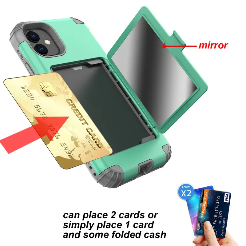 iPhone 11 Promax 12 x xr xsmax 6 7 8 Plus Front&Back 360 Protection Phone Case PU Silicon Wallet Card Slot Holder Make Up Mirror iphone 8 plus wallet case