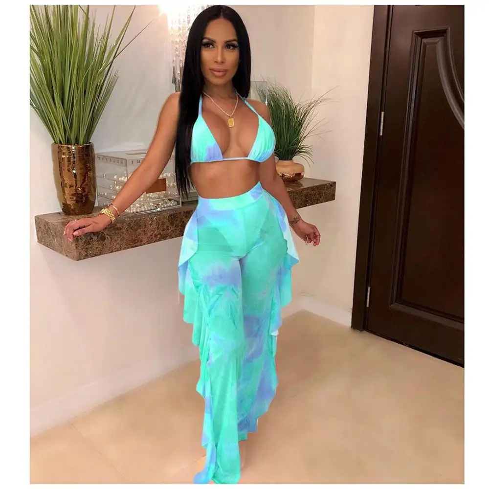 Thongs Pearls Ruffle Sheer Mesh Pants 