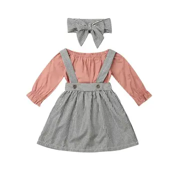 

0-24M Baby Girl Clothes Sets 3pcs Pink Romper Top Bib Dress Stripe Sundress Headband Outfit Clothes Set