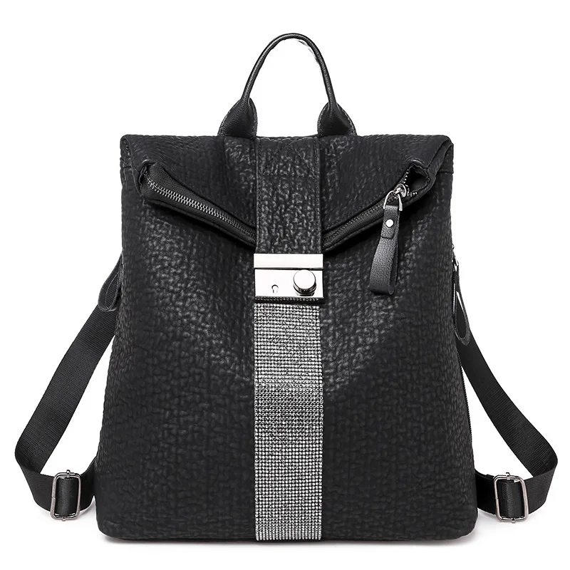 

PU Backpack Women's Versatile Campus Korean-style Joint Light Diamond Anti-theft Lock-Style Travel WOMEN'S Bag Large-capacity Ba