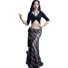 Женский набор костюма для танца живота танец живота тренировочная Одежда для танцев сценическая одежда с узлом Топ с блестками длинная юбка с разрезом