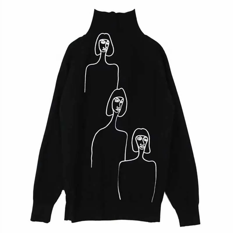 Ladies Spring White Turtleneck Sweaters Female Fashion Abstract Character Embroidery Knitting Tops Casual Long Sleeve Tops Ladies Spring White Turtleneck Sweaters Female Fashion Abstract Character Embroidery Knitting Tops Casual Long Sleeve Tops