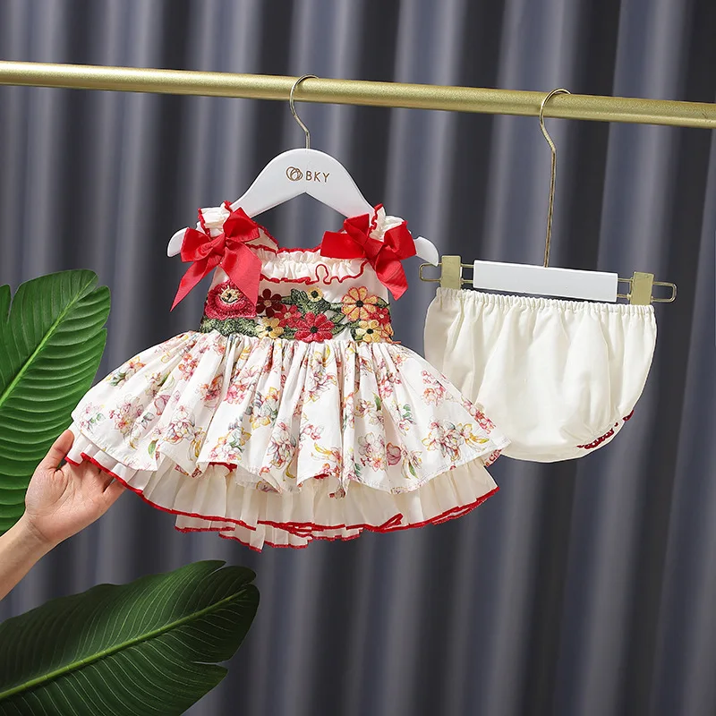 baby clothes set gift Lolita Baby Girls Sweet Floral Dress+ Short Pants Sets Summer Embroidery Princess Bow Clothes  Kids Birthday Party Suits Baby Clothing Set medium