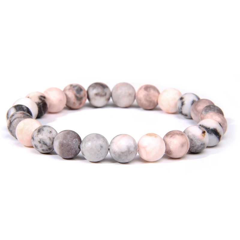 Высокое качество браслеты для йоги 8 мм натуральный камень бусины браслет для женщин мужчин Агаты лазурит флюорит бисерный браслет ювелирные изделия - Окраска металла: Pink Zebra