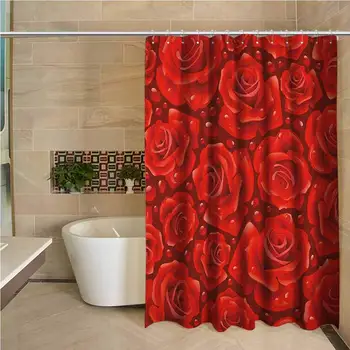 

Rose Waterproof and Colorful Shower Curtain Vivid Red Roses Rain Water Drops Graphic Dewy Meadows Inspired Romantic Pattern