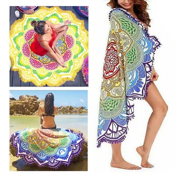

150cm Tassel Mandala Tapestry Beach Towel Sunblock Round Bikini Cover-Up Blanket Lotus Bohemian Yoga Picnic Mat Large Blanket