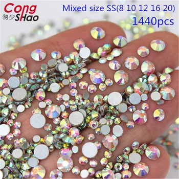 

Crystal AB Mixed size SS(8 10 12 16 20) Stone Glass Gem Clear AB 3D Nail Rhinestones,1440Pcs Flat Back Non Hotfix Crystal 8Y66