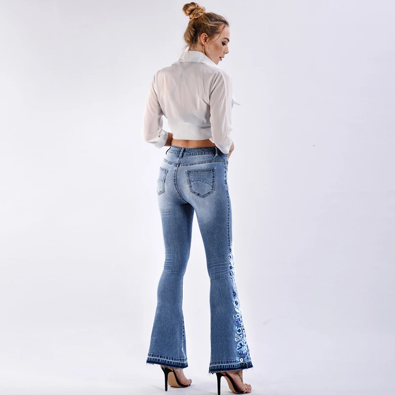 Pantalon femme расклешенные женские джинсы брюки с цветочной вышивкой джинсы винтажные синие джинсовые широкие брюки джинсы брюки размера плюс 4XL