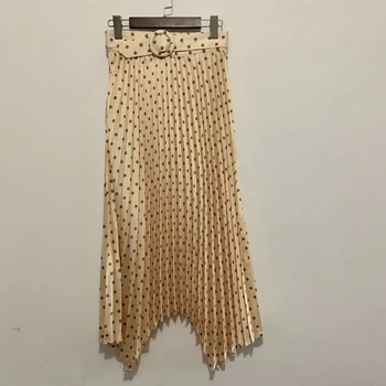 

2020 spring new dot printing women long pleated skirt with detachable belt