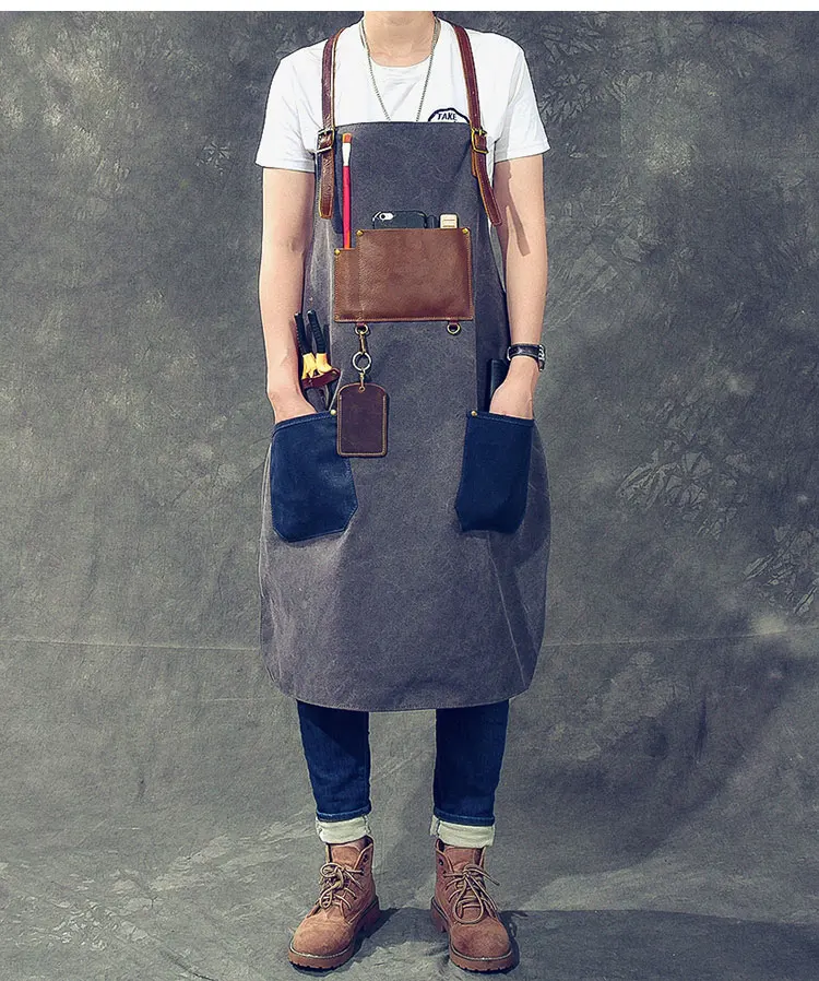 Work Apron Retro Washed Distressed Canvas First Layer Cow Leather Handmade Apron Top Grade Creative Craftsman Studio Equipment