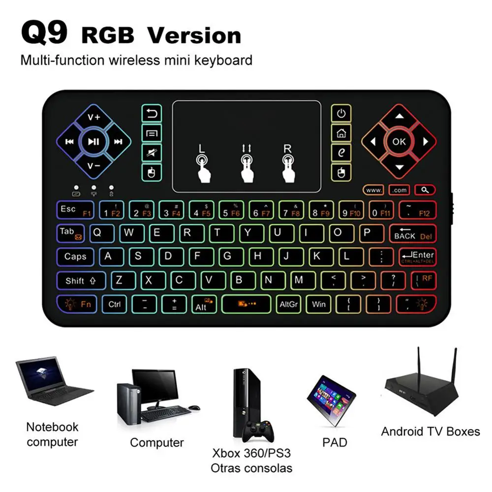 

Q9s Bluetooth Wireless Mini Keyboard Cool Colorful Backlit with Touchpad Q9 Air Mouse Remote Control For Android TV Box Tablet
