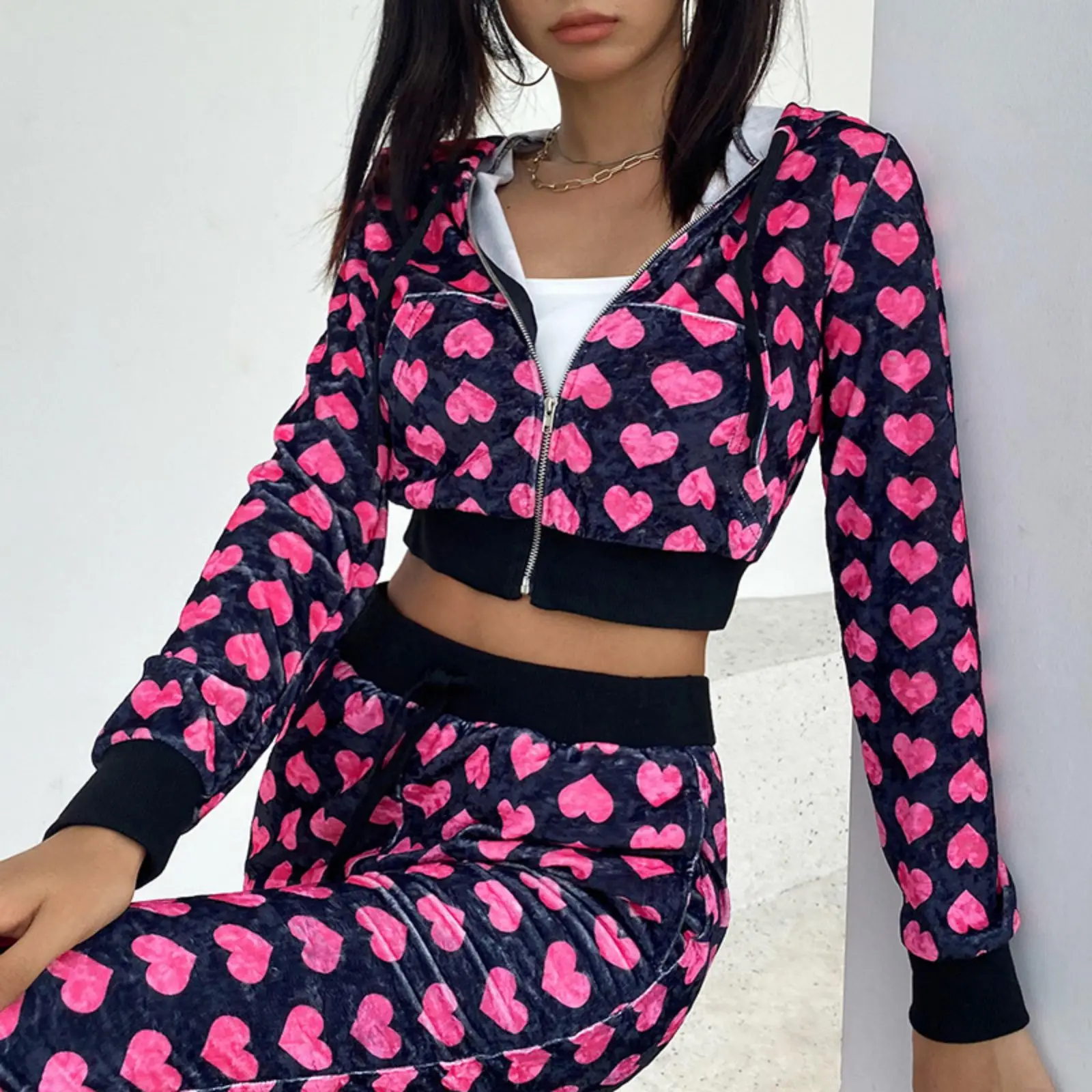 Velour Tracksuits for Women Long Sleeve Zipper Heart Print Hoodie Jacket Loose Coat Suit Set