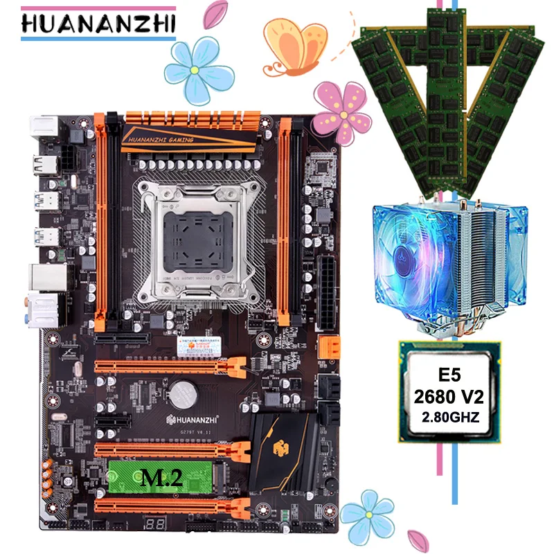 ^Cheap Brand motherboard on sale HUANANZHI deluxe X79 motherboard with M.2 CPU Xeon E5 2680 V2 with cooler RAM 64G(4*16G) 1600 REG ECC