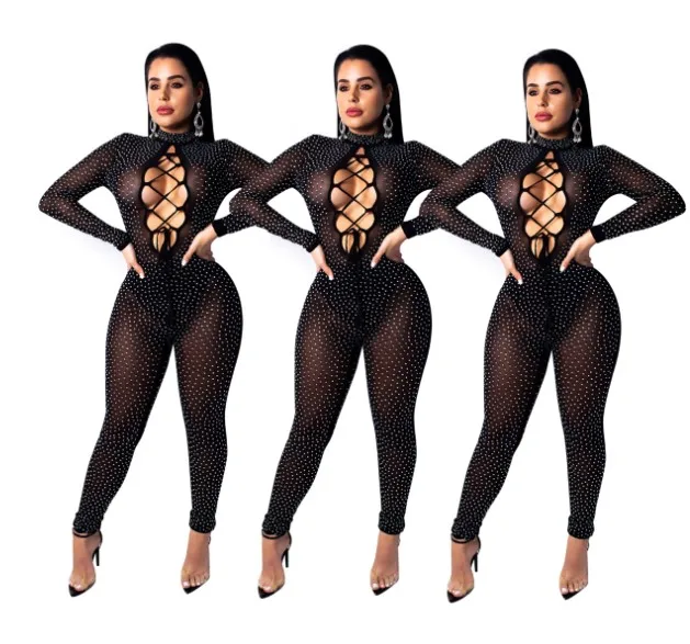Cultiseed Women Sexy Hot Drilling Slim Hip Jumpsuits Rompers Female Fashion Hollow Out Bandage Mesh Jumpsuits Ladies Jumpsuits
