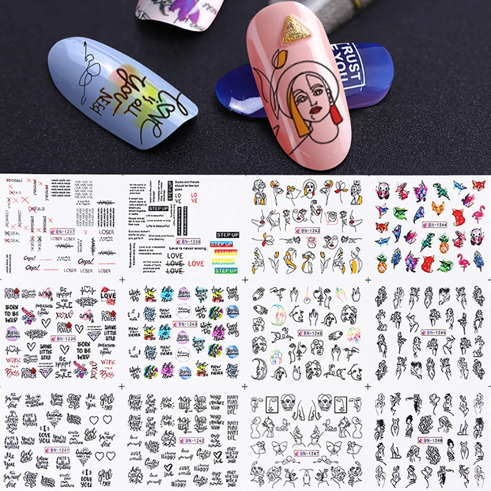 12Patterns/sheet Black Line Coloful Abstract Image Nail Sticker Decals Sexy Girl Water Transfer Slider For Nails DIY Art