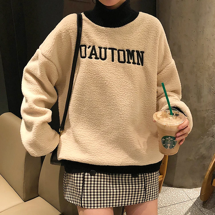 

Winter Clothes Women Hoodies Fleece Letter Embroidery Pullovers Half High Collar Lamb Wool Sweatshirt Oversized Warm Female Tops