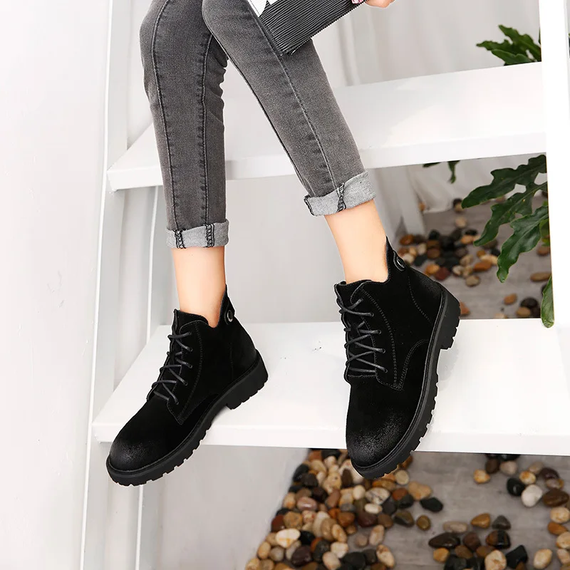

Ankle Round Toe Low Women Boots Solid Fashion Punk Motorcycle Boots Concise Lace Up Shoes