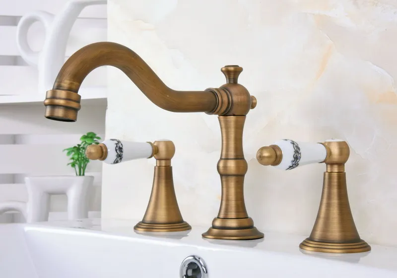 Vintage Retro Antique Brass Deck Mounted Dual Handles Widespread Bathroom 3 Holes Basin Faucet Mixer Water Taps man085 | Обустройство