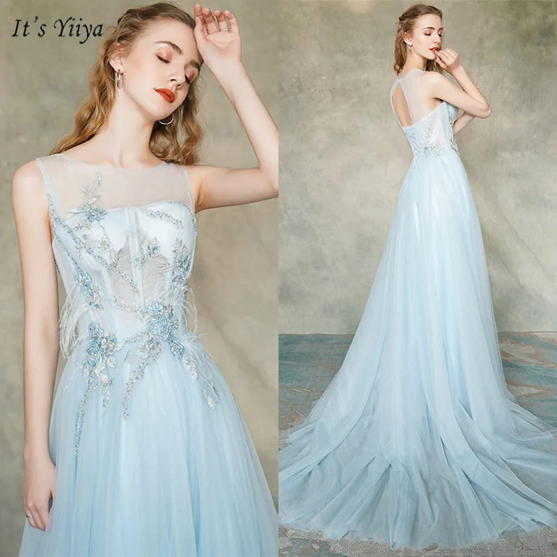 

It's Yiiya Prom Dress O-Neck A-Line Backless Dresses Women Party Night Sleeveless Appliques Floor-Length Vestidos De Gala V101