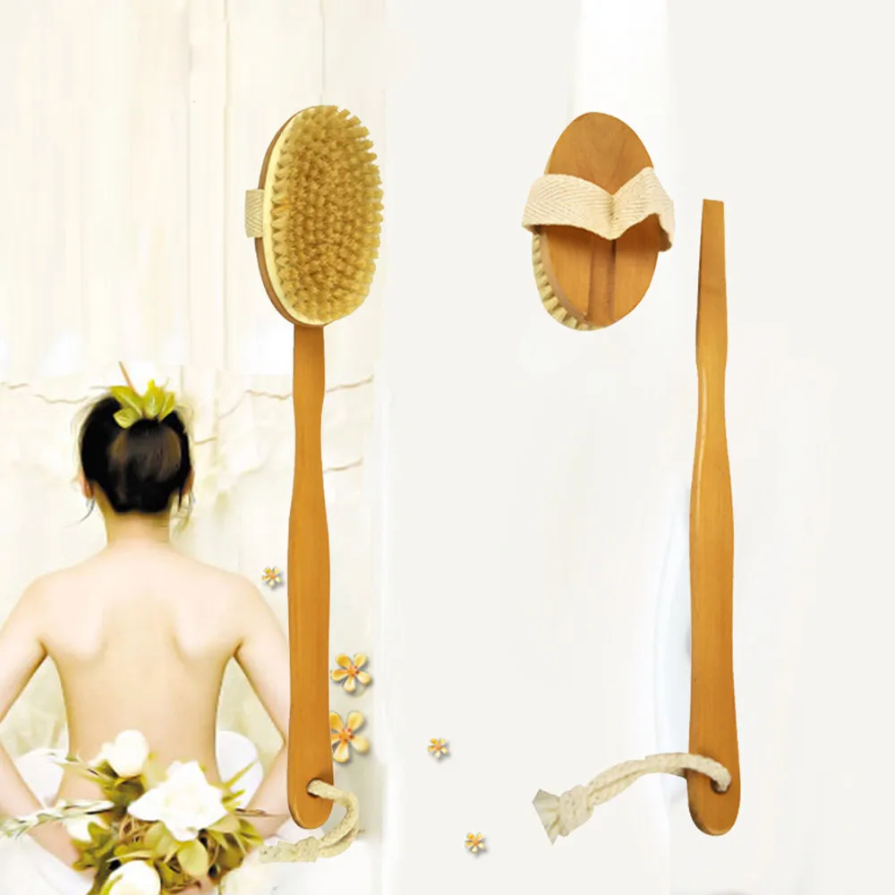 Bath Body Brush Boar Bristles Exfoliating Body Massager with Long Wooden Handle for Dry Brushing and Shower