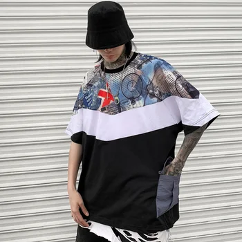 

Hip Hop Tide UK Flag Printed Color Patchwork Half Sleeve T-shirt Men Summer Trend High Streets Dropped Shoulder Sleeves Tees