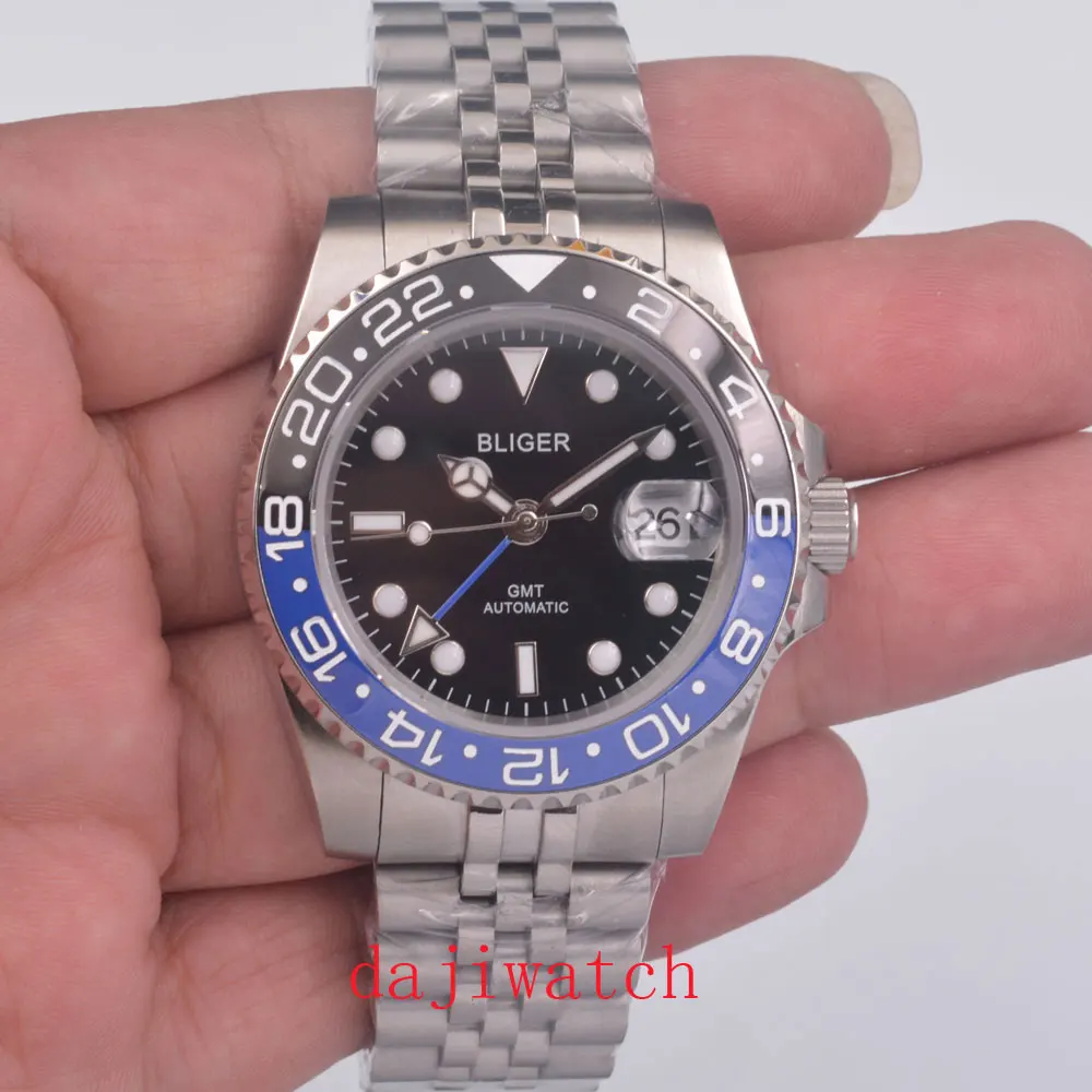 Часы BLIGER 40 мм GMT с черным циферблатом сапфировое стекло с автоматическим заводом Мужские механические часы для спорта и отдыха синий черный керамический ободок me