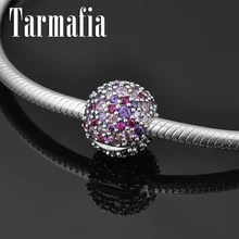 Ослепительный розовый фиолетовый кристалл; циркон круглый 925 серебро клип замок Бусины Подходят Pandora Шарм браслет ювелирных изделий