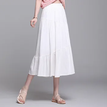 

Summer Skirts Womens Korean Elegant Pleated skirt Female four colors cotton feminine Pleated long Skirt woman Big swing skirt