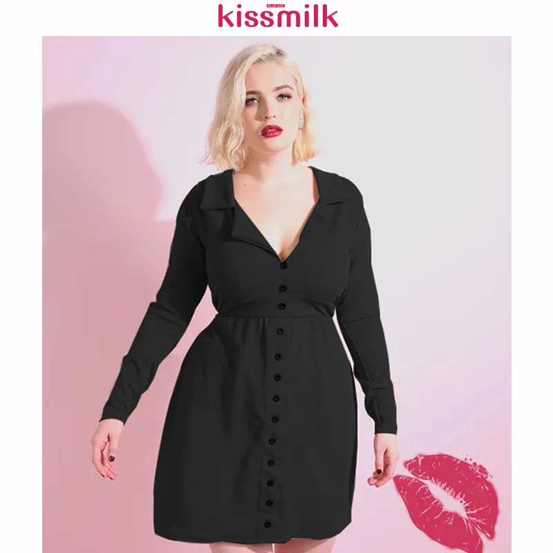 

Kiss Milk Simple Large Size Fold-down Collar Waist Hugging Single Breasted Long-sleeved Dress