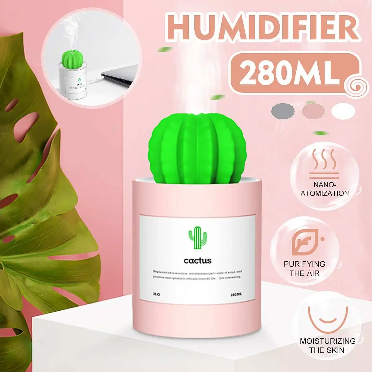 

USB Cactus Air Humidifier 280ml Aromatherapy Diffuser Mist Maker Fogger Mini Aroma Diffuser for home with Night Light