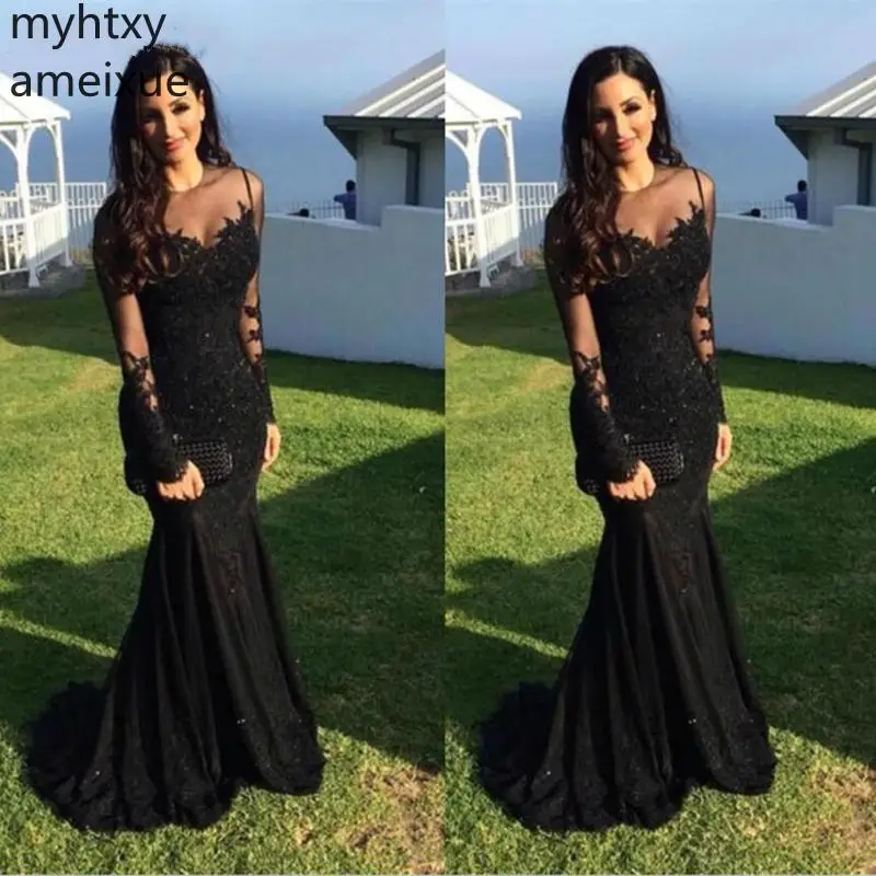 New Arrival Black Muslim Plus Size Evening Dresses Long 2021 Mermaid Sleeves Party Dress Dubai Arabic Formal Gown Robe De Soiree | Свадьбы и