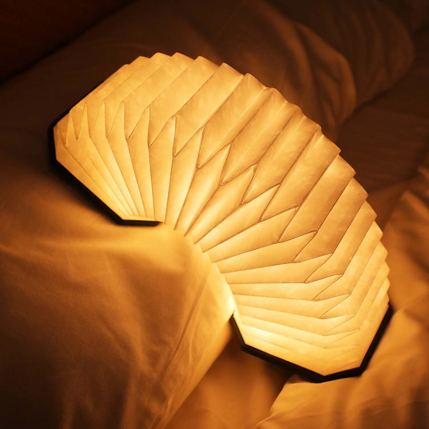 LED Hanging Folding Lantern, Wood & Paper Lamp Suede Fabric Cover, Organ Book Light for Home, Office, Travel, USB Rechargeable