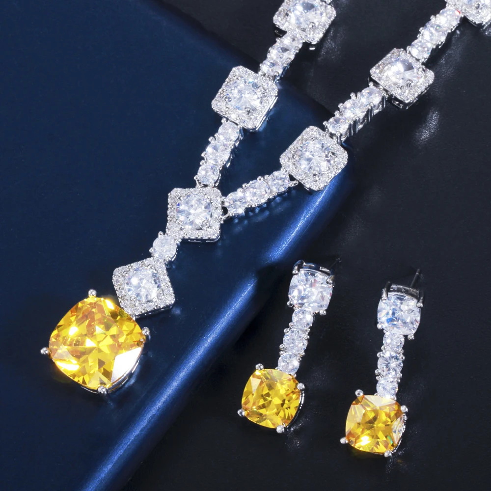 Elegant Yellow CZ Crystal Silver Color Big Square Drop Earrings Necklace Wedding Party Jewelry Sets bridal jewelry sets For Women TZ581