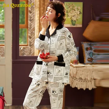 

Fashion Style Casual Style Pajamas Set Pj Set Ladies Spring Autumn Front Pocket Turn Down Collar Homesuit Homeclothes Sleepwear