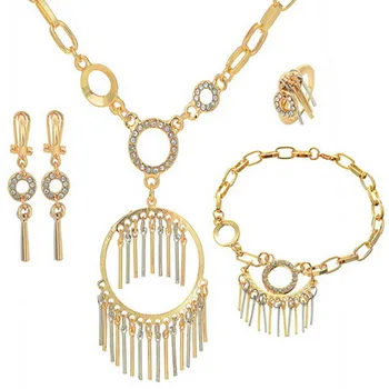 

Dubai Gold Jewelry Sets Classic Big Tassel Necklace Bracelet Earrings Ring for Women Crystal Wedding Jewelry Sets for Bride Gift