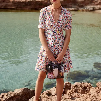 

Sweet Summer V Neck Beach Dress Floral Ladies Sexy Short Sleeve Flowers Printted Knee-length Party Dresses Holiday