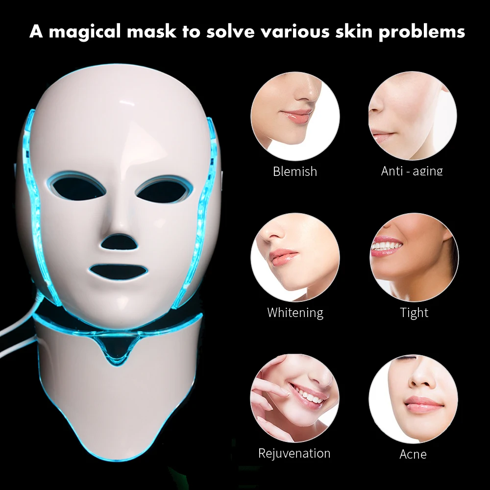 7 цветов Электрический светодиодный маска для лица с шеей светодиодный светильник терапия акне маска для шеи оборудование для красоты