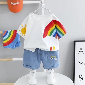 

Summer Baby Boy Clothes Leisure Suit Rainbow Printed T-shirt And Shorts Jeans Two Piece Set