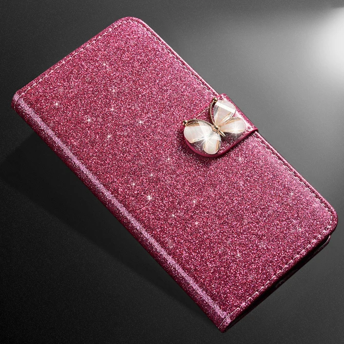 Роскошный модный, с украшениями в виде бриллиантов, блестящий чехол для Xiaomi Redmi 6 7 4 K20 pro Go 8A, роскошный чехол-книжка из искусственной кожи - Цвет: Rose red butterfly