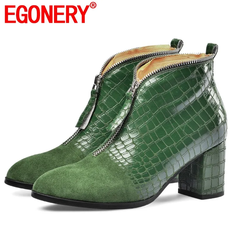 EGONERY/офисные Ботинки; модная женская обувь из лакированной кожи с каменным узором; осенние ботильоны на высоком каблуке 6,5 см с молнией; Цвет зеленый, черный