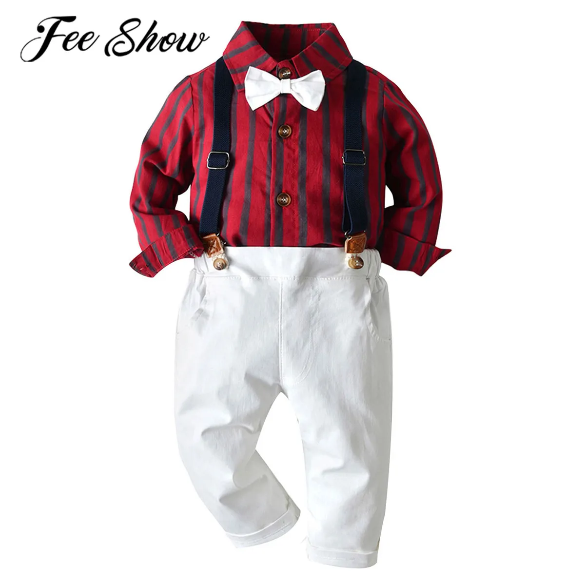Kids Boy Lapel Collar Long Shirt Suspenders Pants Coat Boys Gentleman Outfit 
